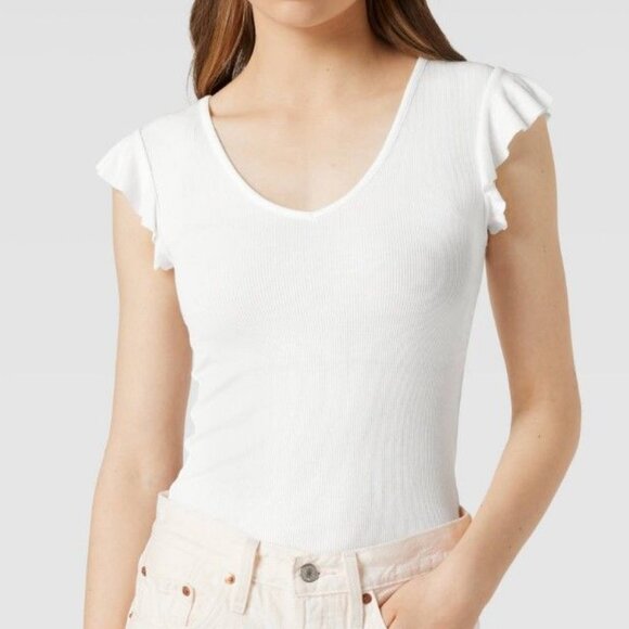 Mango Ribbed V-Neck Blouse/T-Shirt (XS) - White - Picture 1 of 7